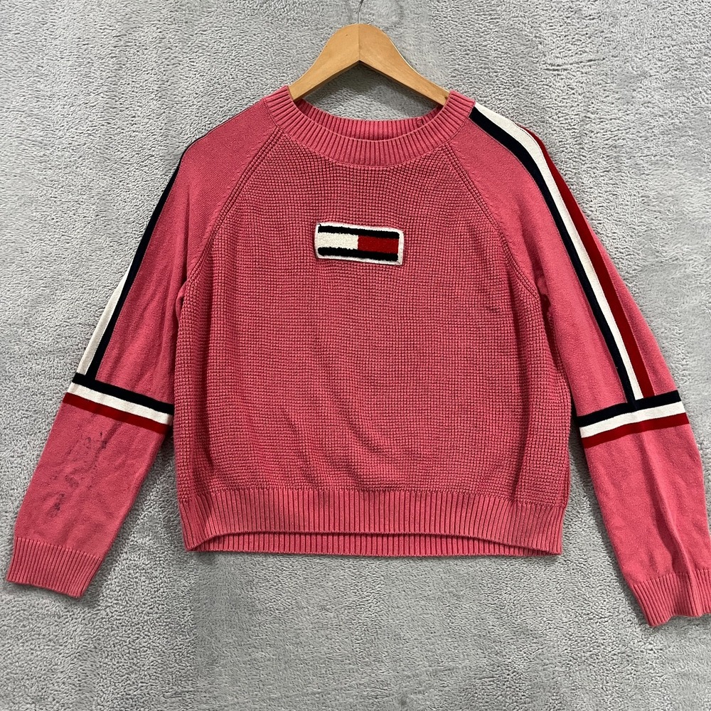 Tommy Hilfiger Womens Sweater Large Y2k Flag Logo Pink Ribbed Knit Jumper